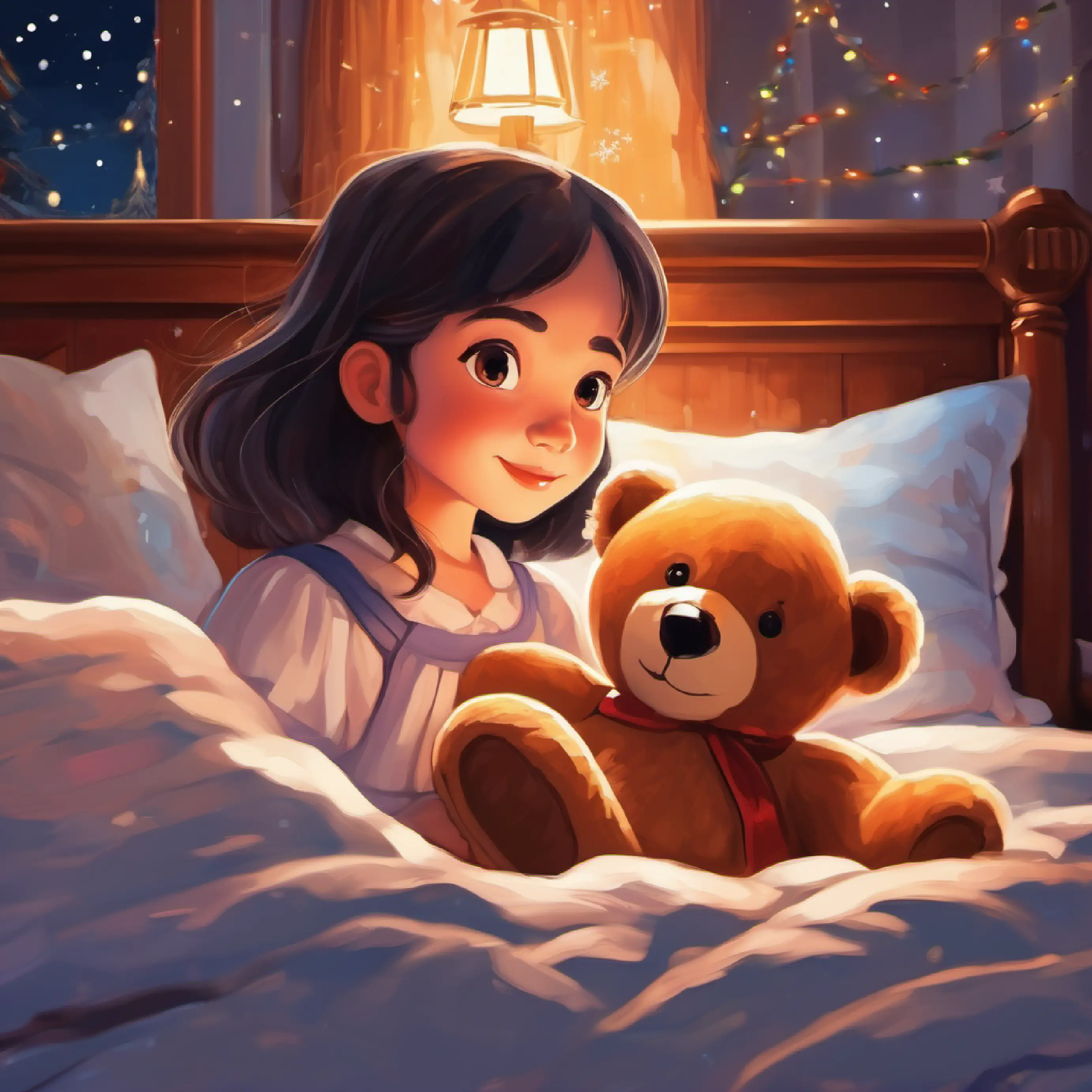 Young girl with bright eyes, always carries a teddy bear settles into bed, concludes nighttime ritual.