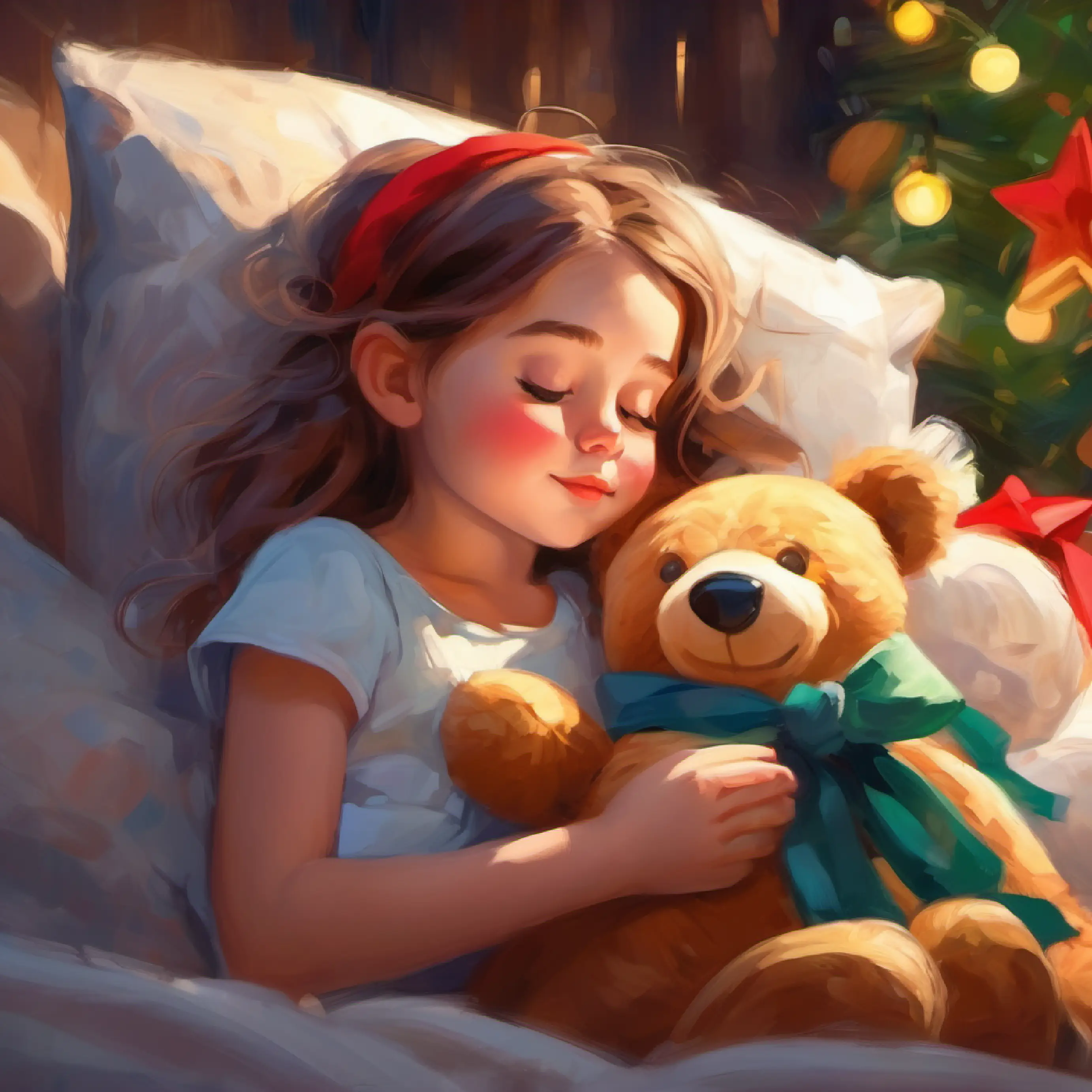 Young girl with bright eyes, always carries a teddy bear falls asleep content, ending on a positive note.