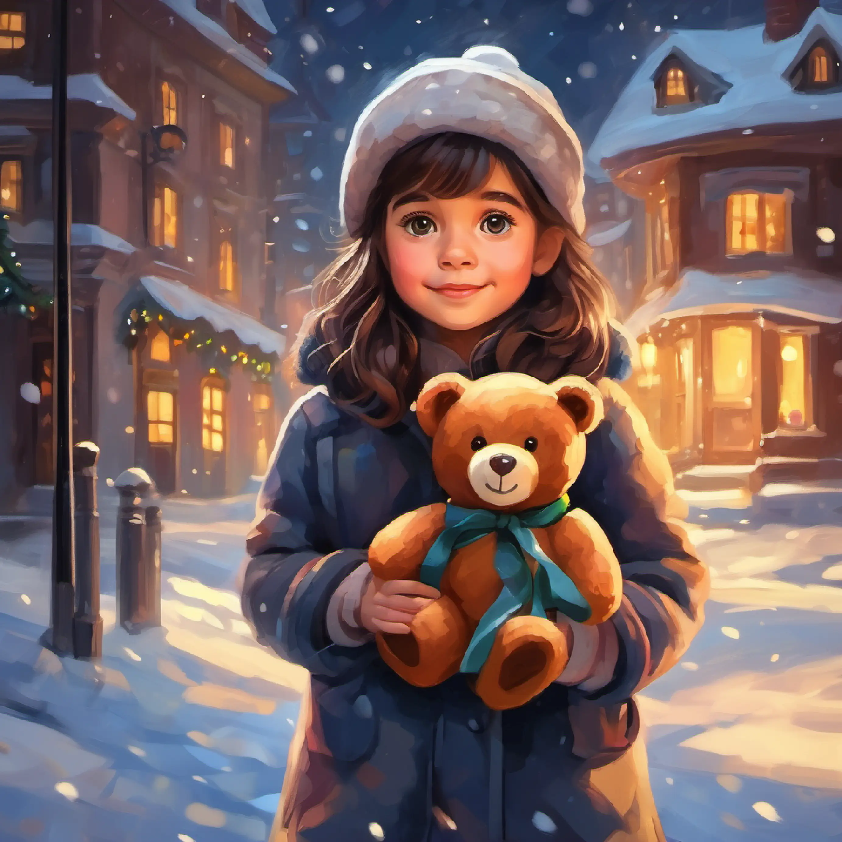 Young girl with bright eyes, always carries a teddy bear uses the flashlight, feeling empowered.