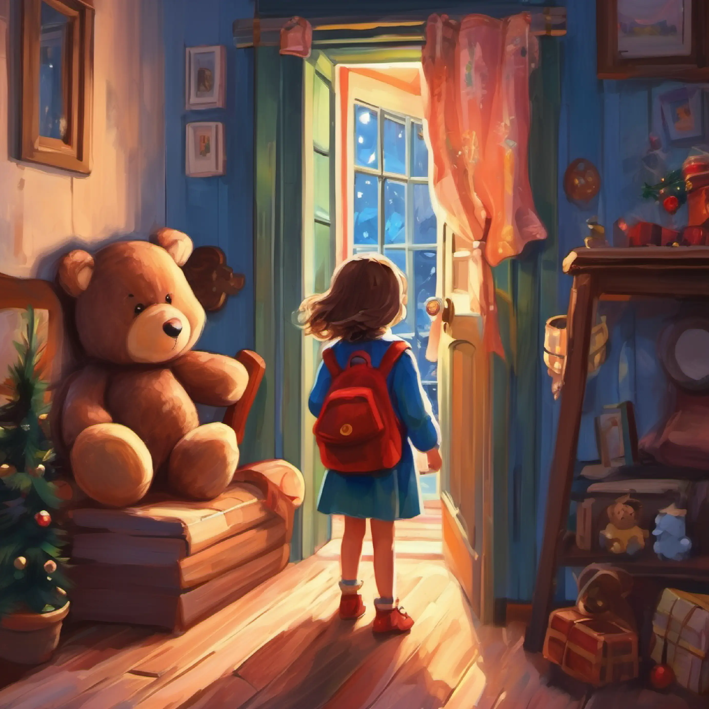 Young girl with bright eyes, always carries a teddy bear explores her house, overcoming her fear.