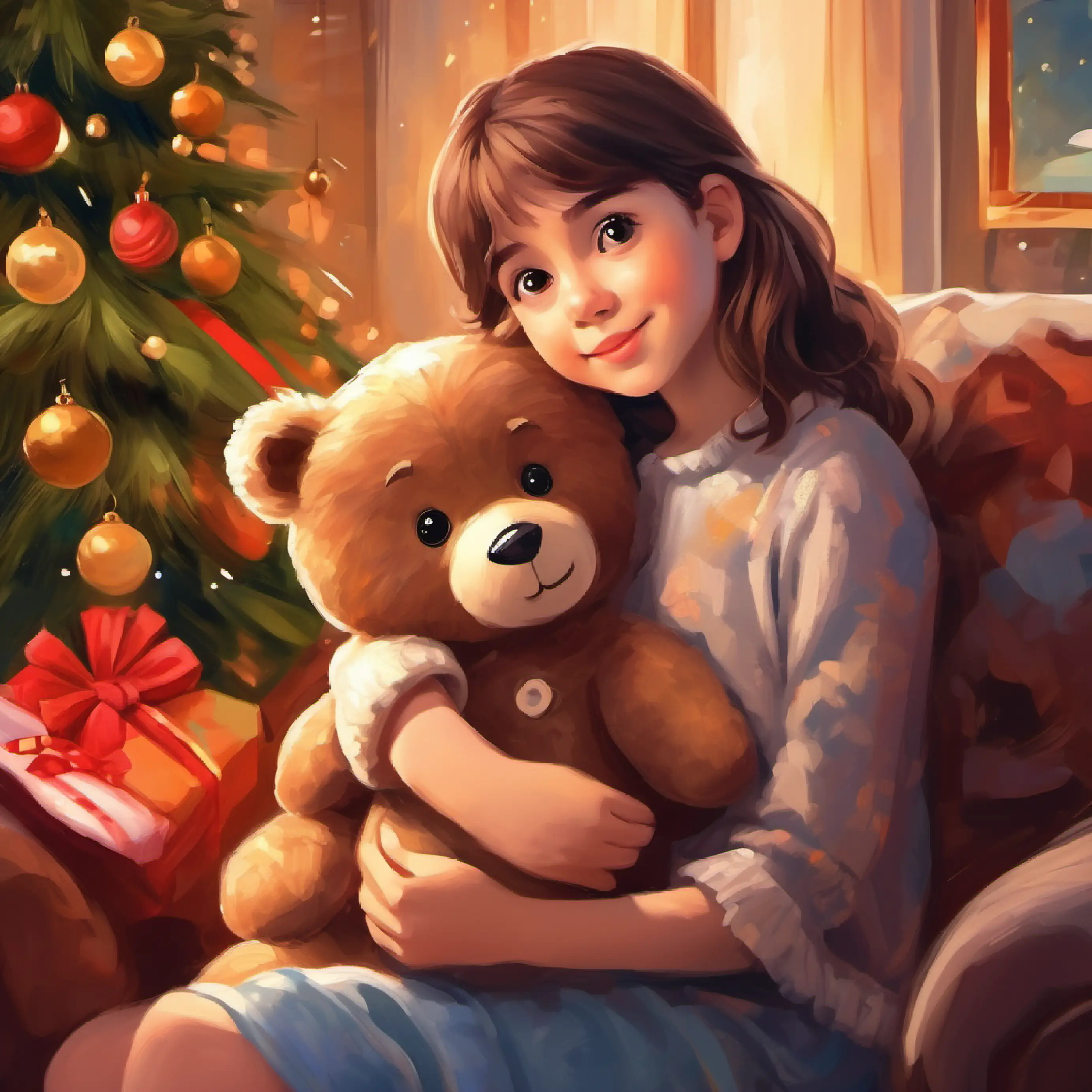 Young girl with bright eyes, always carries a teddy bear finds comfort in family photos, living room.