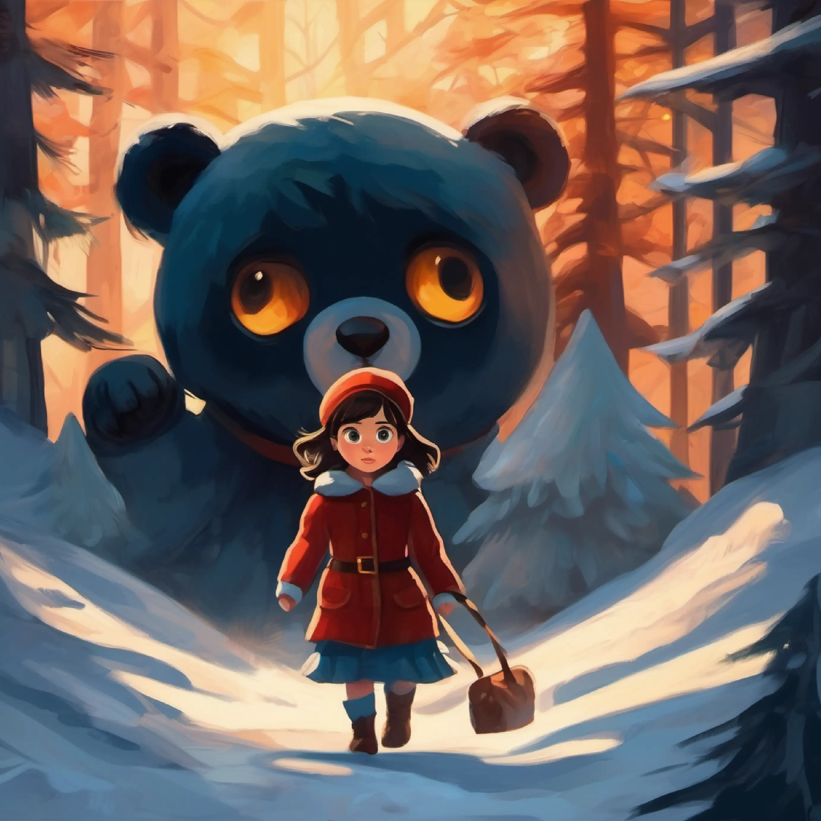 Young girl with bright eyes, always carries a teddy bear faces a scary shadow, confronts fear.