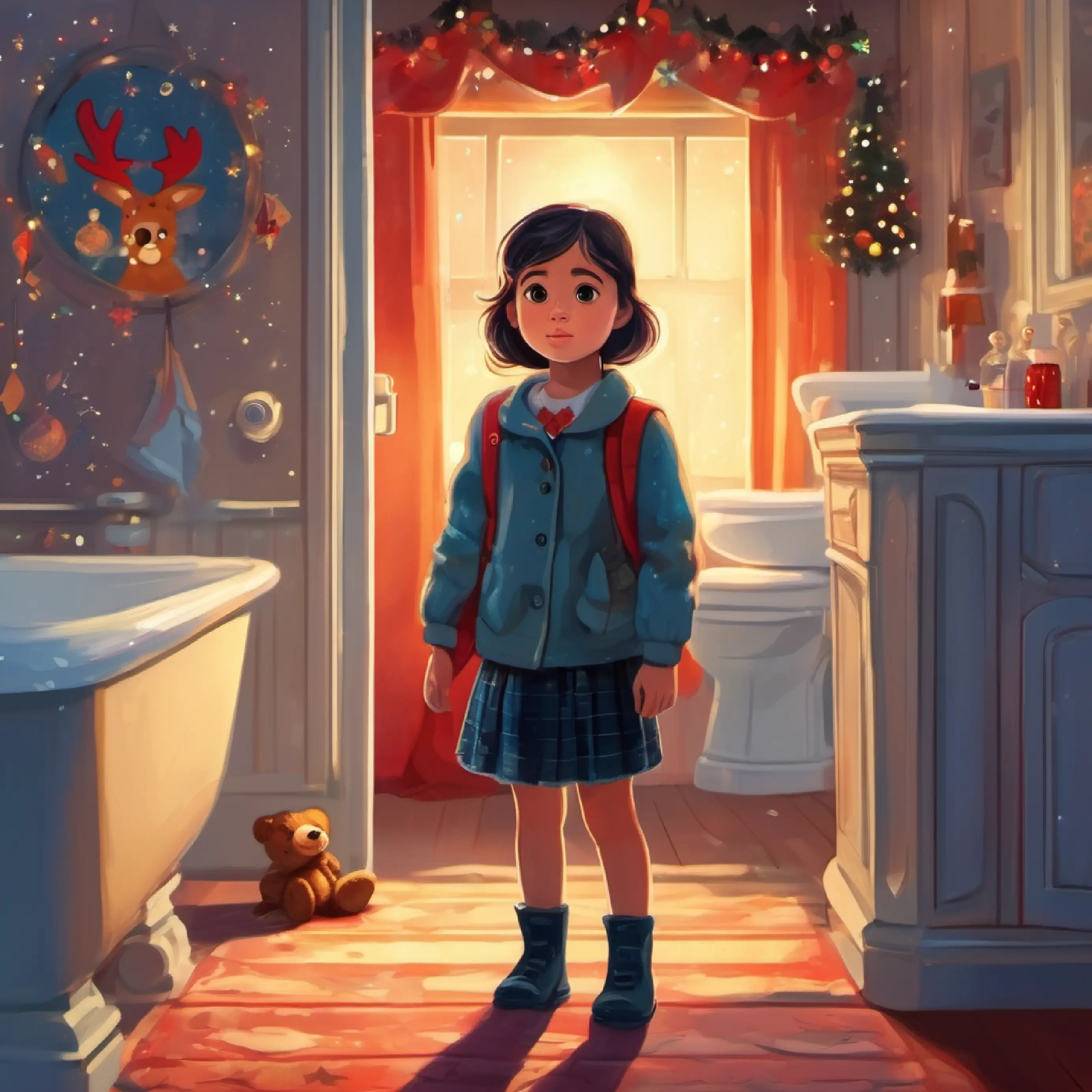 Young girl with bright eyes, always carries a teddy bear discovers nothing is spooky with light, bathroom.