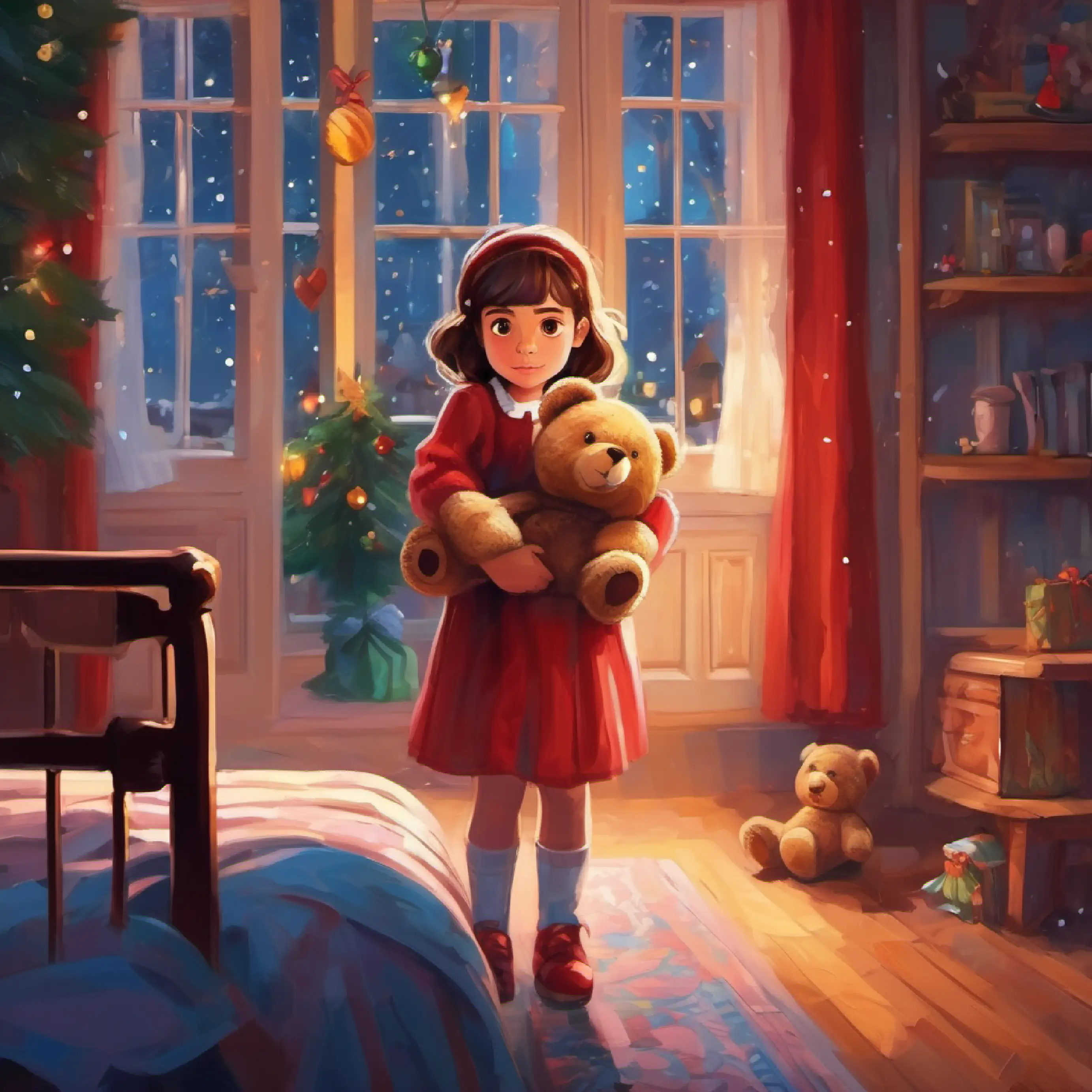 Young girl with bright eyes, always carries a teddy bear debunks her fears under the bed.