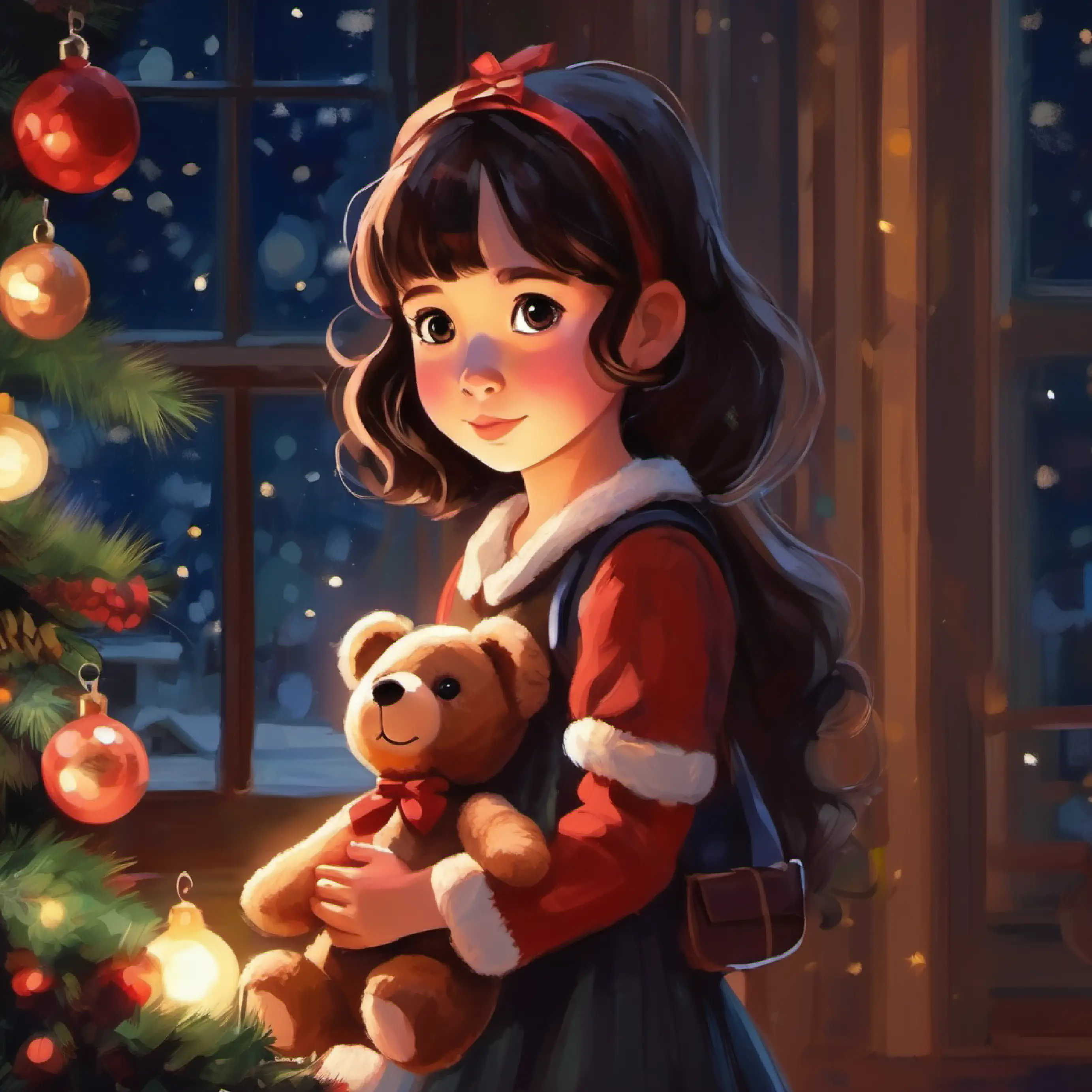 Young girl with bright eyes, always carries a teddy bear becomes comfortable with the dark, room setting.