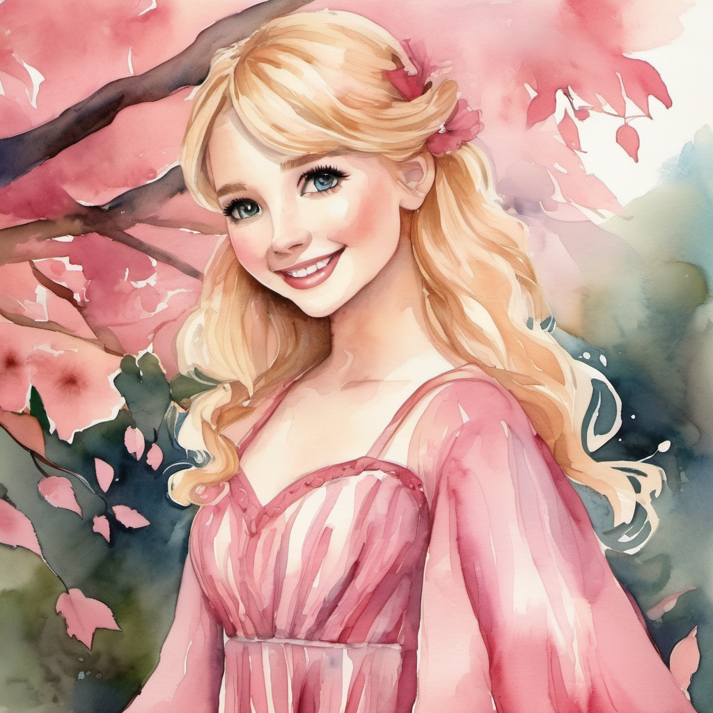 Questioning why Sally: Blonde hair, pink dress, always smiling leaves with watercolor eyes