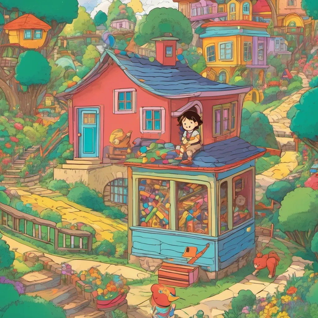 A child dashes through a colorful, toy-filled house, leaving a trail of laughter.