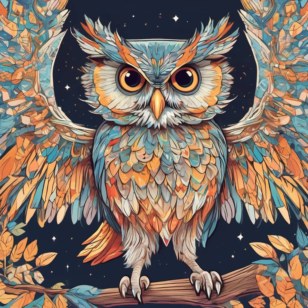 Ollie the Owl, eyes twinkling, spreads his wings wide as if about to take flight.