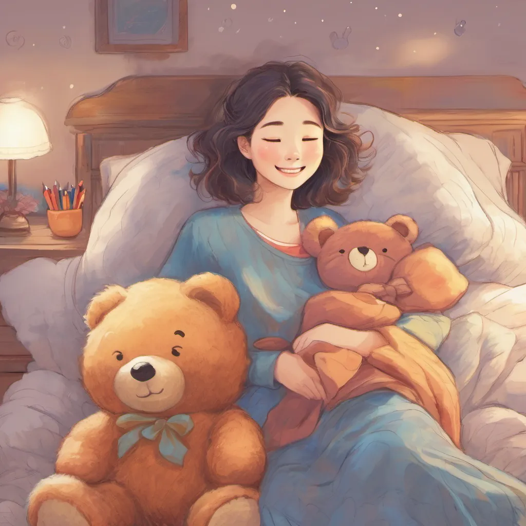Nong Noona, smiling, hugs a teddy bear and closes her eyes, excited for sleep.