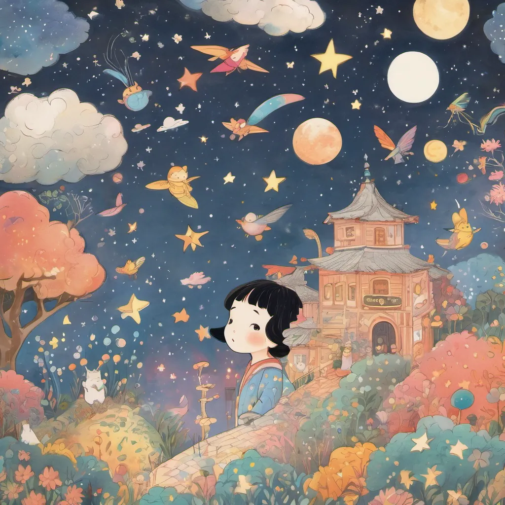 Nong Noona, surrounded by whimsical dream creatures, flies through a sky filled with stars.