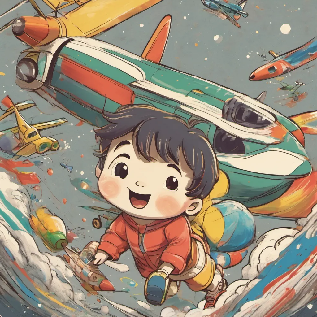 The child, covered in paint and beaming, plays with a toy airplane.