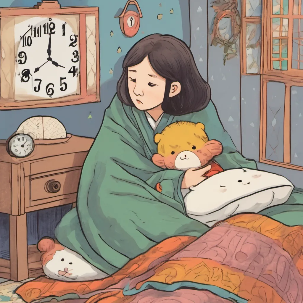 Nong Noona, wrapped in a blanket, frowns at a clock showing bedtime.