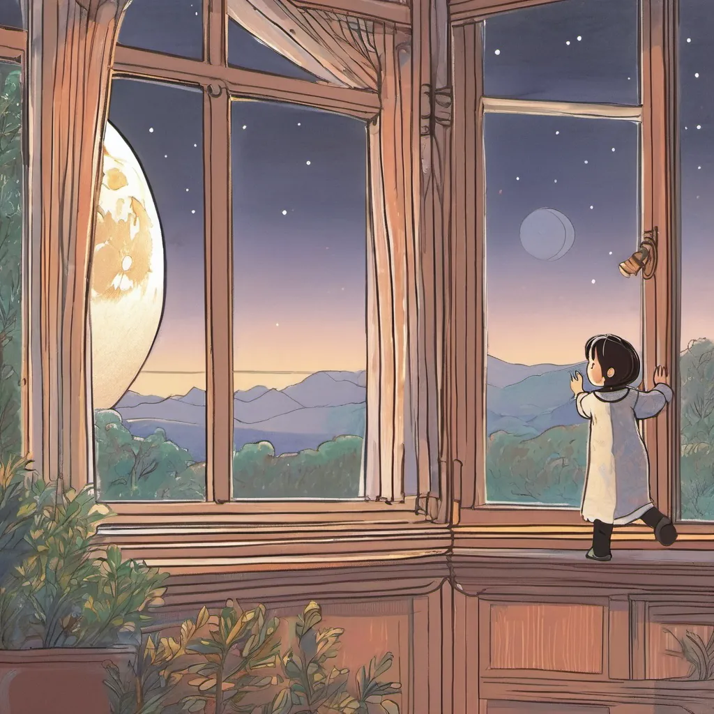 Nong Noona points to a window with a full moon, eyes sparkling with mischief.