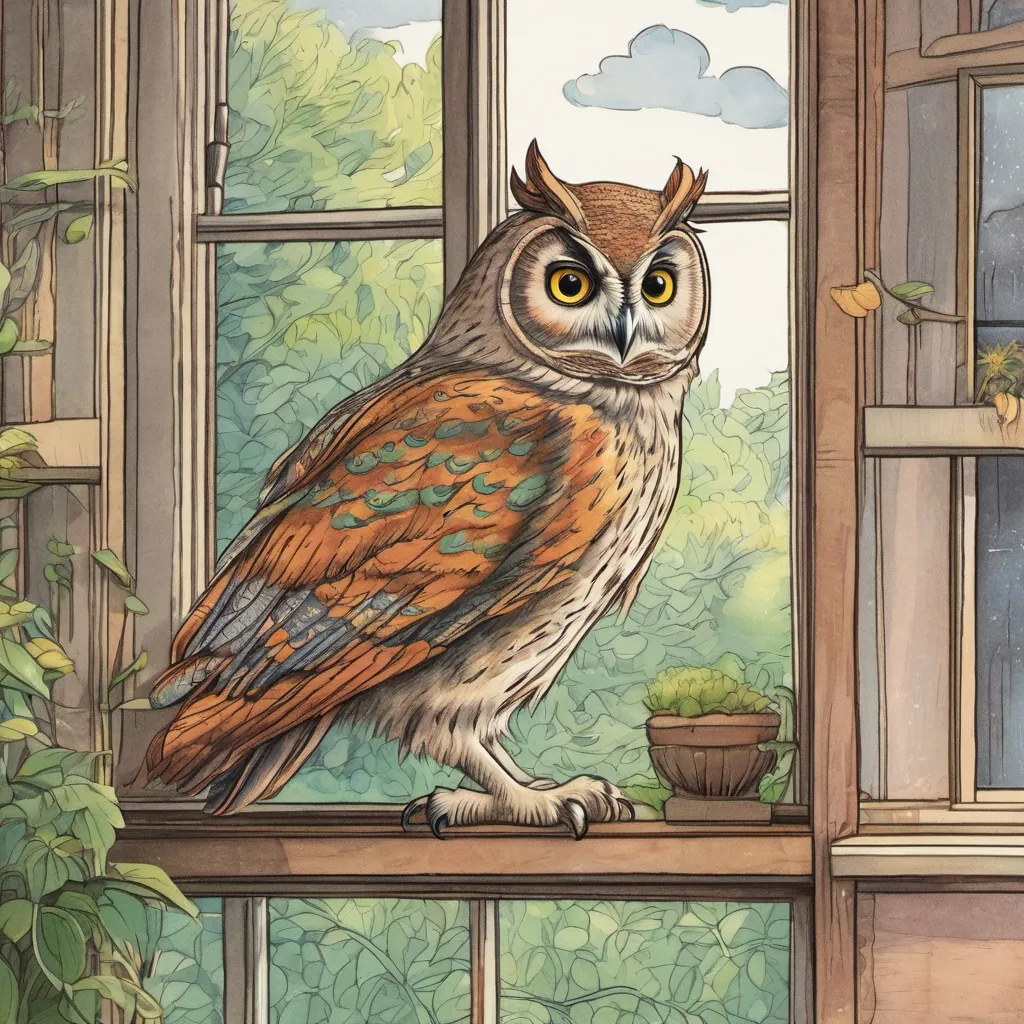 An owl with large, wise eyes perches on Nong Noona's windowsill.
