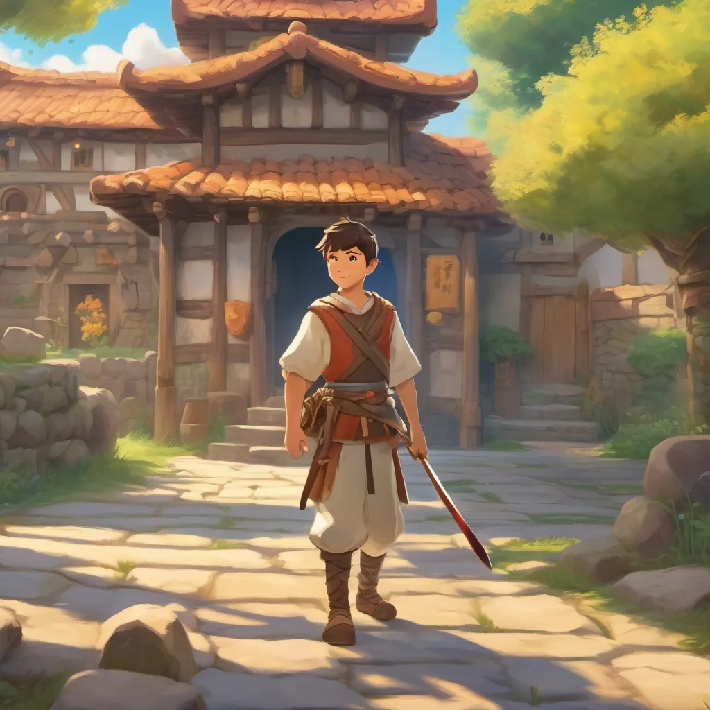 An idyllic, sunlit kingdom with a brave boy warrior named A brave young warrior boy with a radiant smile and a determined gaze, wearing a simple warrior outfit, adored by villagers.