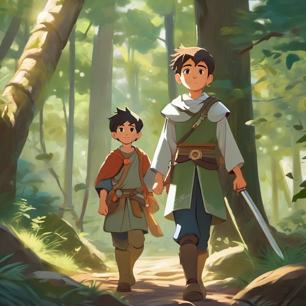 A brave young warrior boy with a radiant smile and a determined gaze, wearing a simple warrior outfit walking through the forest with a thoughtful expression, searching for the true meaning of power.