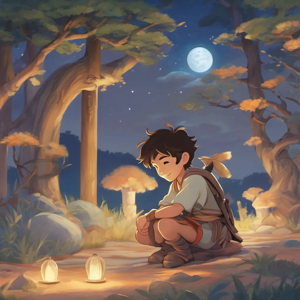 A brave young warrior boy with a radiant smile and a determined gaze, wearing a simple warrior outfit sleeping peacefully under moonlight, dreaming of a balanced, peaceful world.