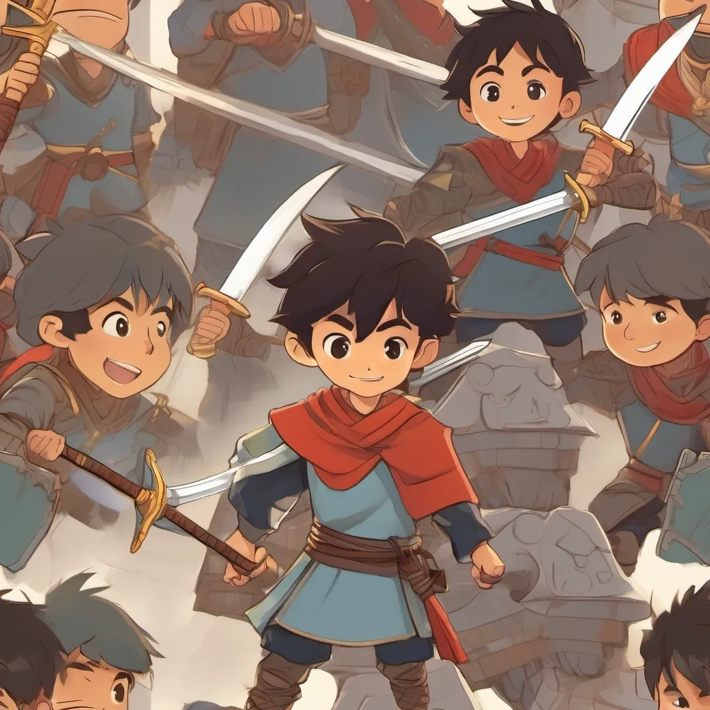 A brave young warrior boy with a radiant smile and a determined gaze, wearing a simple warrior outfit and his fellow warriors standing ready with swords drawn, preparing to fight the shadows.