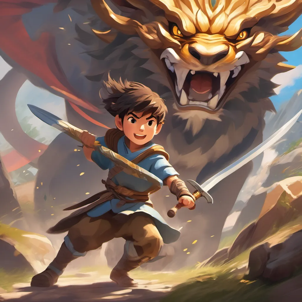 Action-packed battle scene with A brave young warrior boy with a radiant smile and a determined gaze, wearing a simple warrior outfit fighting shadow creatures amidst clatter and clangs.