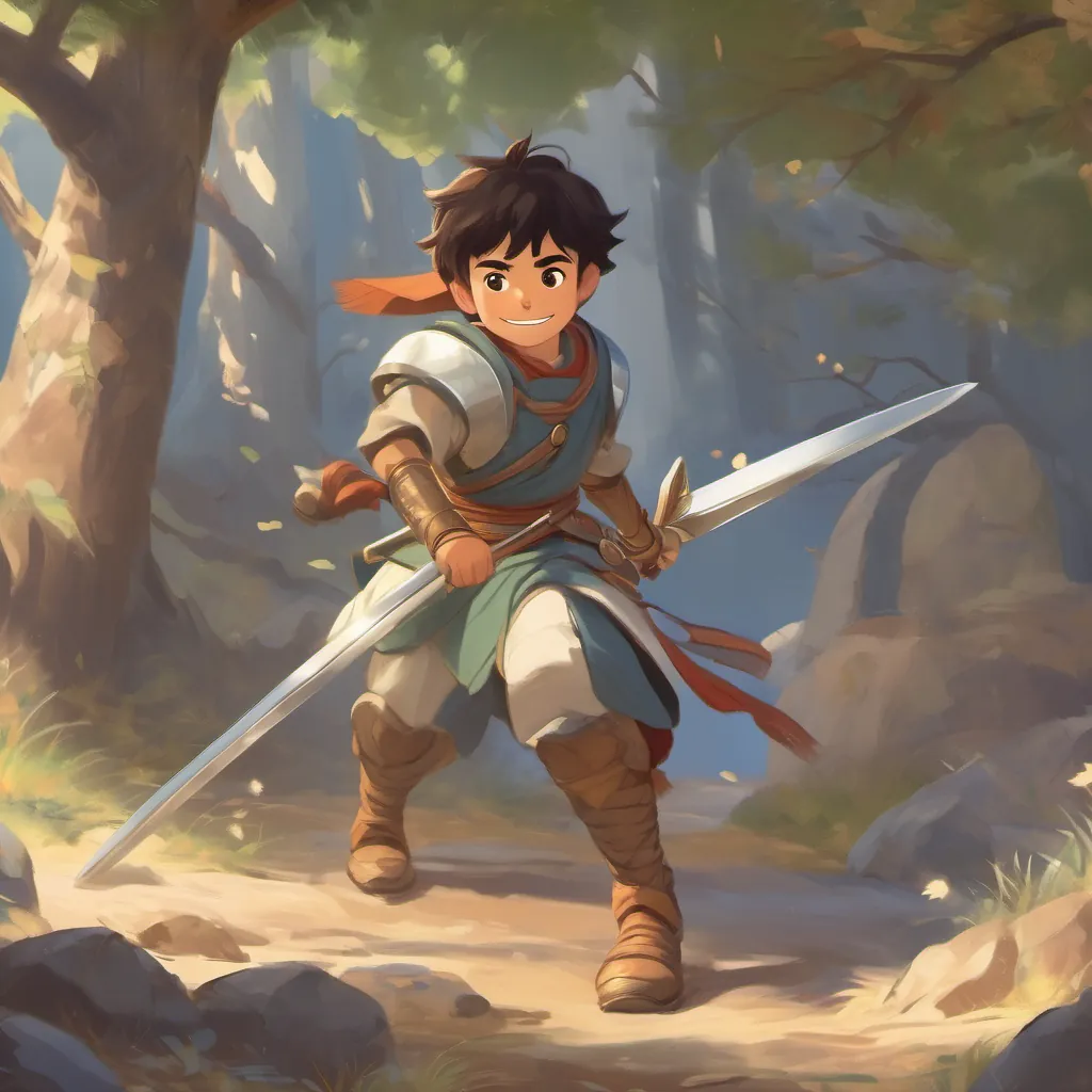 A brave young warrior boy with a radiant smile and a determined gaze, wearing a simple warrior outfit noticing his fallen comrades and internally reflecting on the essence of power.
