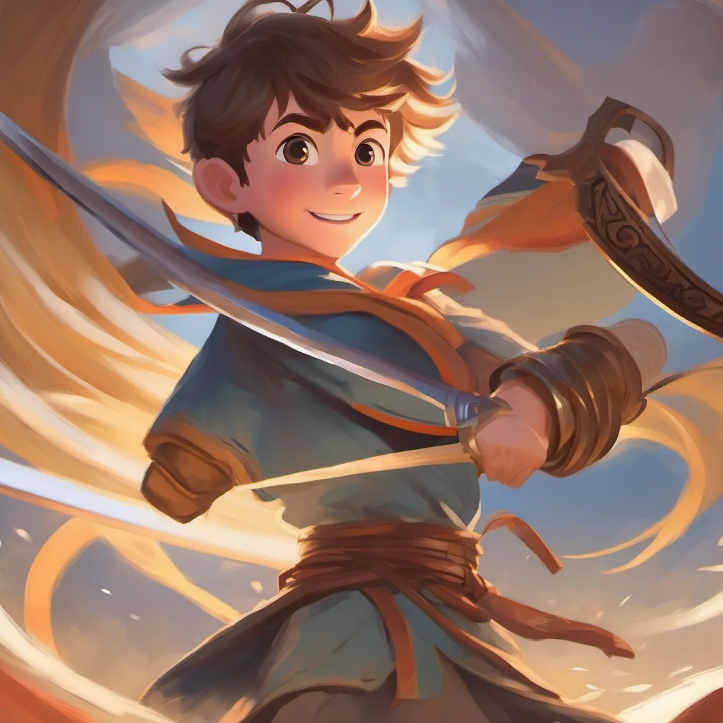 A brave young warrior boy with a radiant smile and a determined gaze, wearing a simple warrior outfit halting his fight, holding his sword down, and showing an aura of understanding around him.