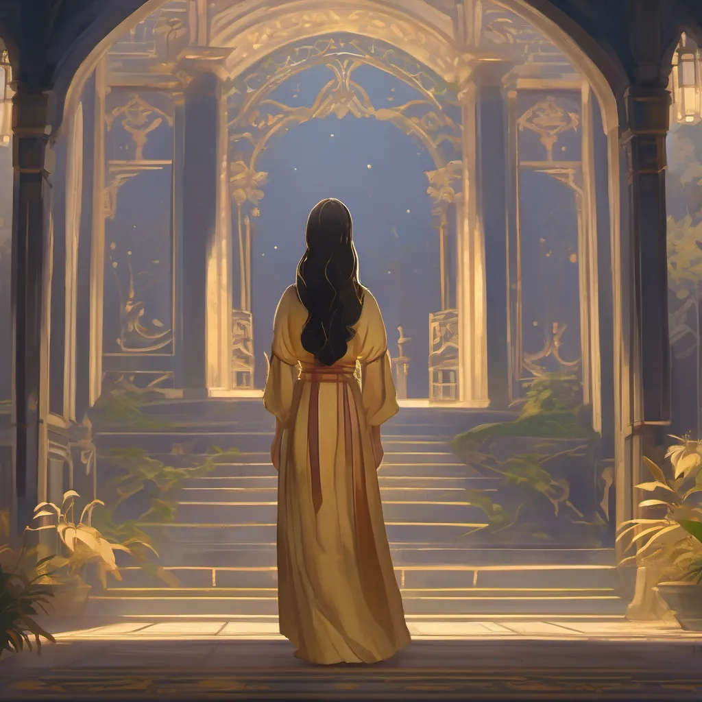 The A looming, mysterious figure enveloped in dark shadows, with a hint of sorrow in her eyes accepting the golden light, darkness receding, and peace returning to the kingdom.