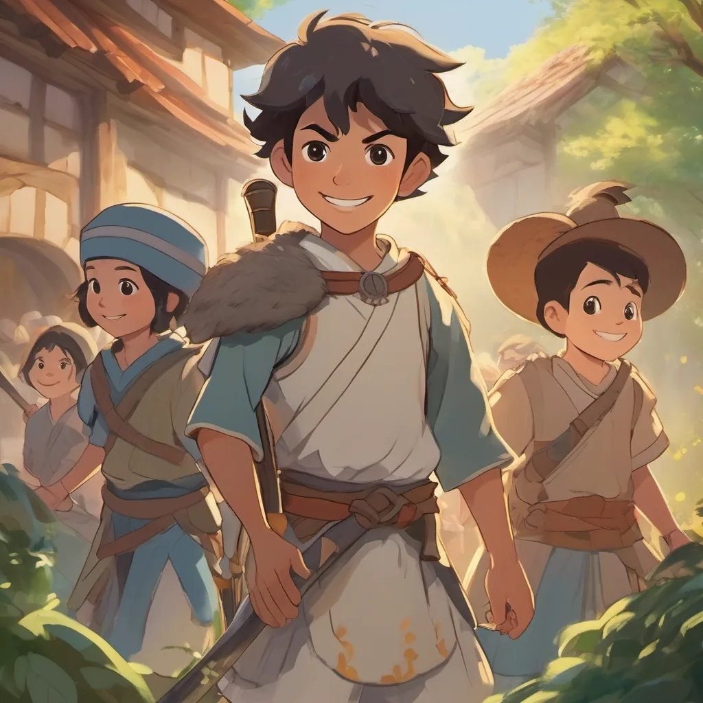 A brave young warrior boy with a radiant smile and a determined gaze, wearing a simple warrior outfit standing heroically with villagers celebrating around him, a balanced aura of light and shadow.