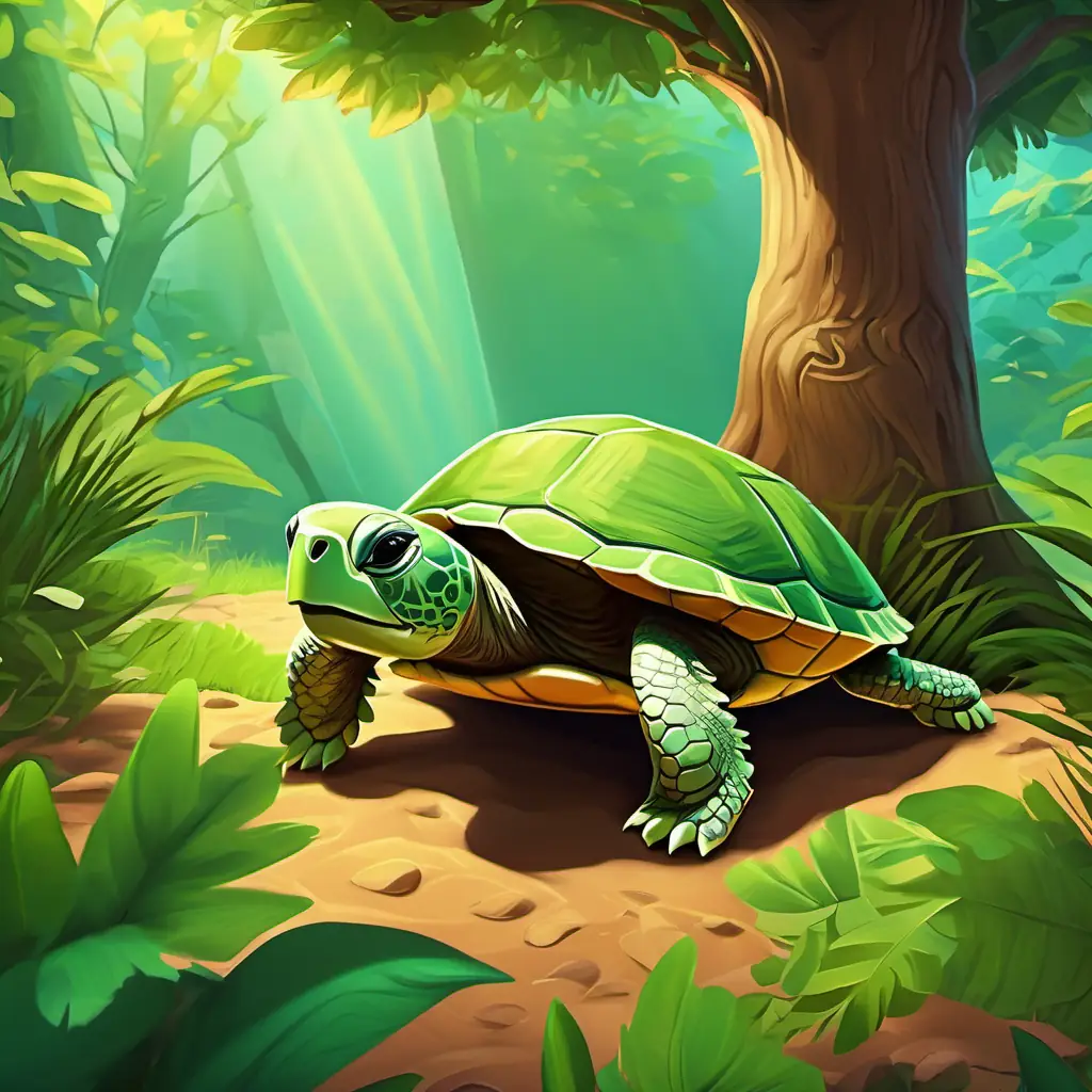 Introducing Green shell, brown skin, wise brown eyes, and a gentle smile the turtle under his tree.