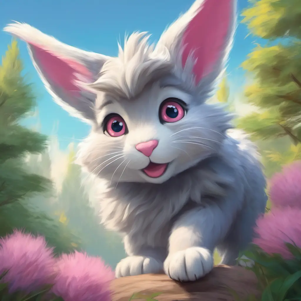 Gray fur, pink nose, tall ears, and twinkling blue eyes boasting about his hopping speed.