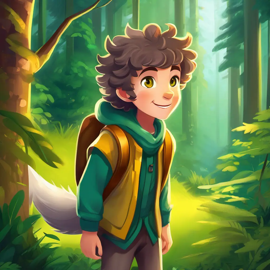 Introduction: Enchanted forest, lonely Grey fur, bright yellow eyes, friendly and wise wolf, and a Curly brown hair, sparkling green eyes, adventurous and kind-hearted boy, setting the stage for a special adventure, filled with wonder and friendship.