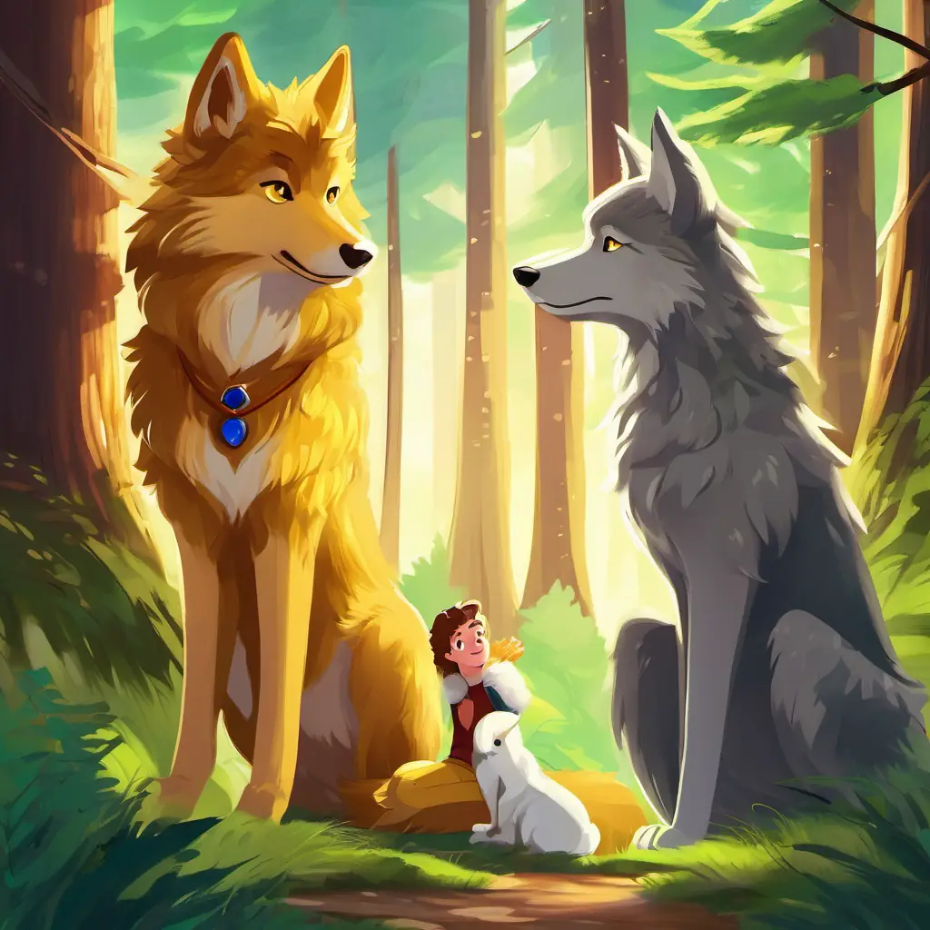 Eternal friendship: Never-ending adventures, the magic of the forest, and the everlasting bond between the Curly brown hair, sparkling green eyes, adventurous and kind-hearted boy and the Grey fur, bright yellow eyes, friendly and wise wolf.