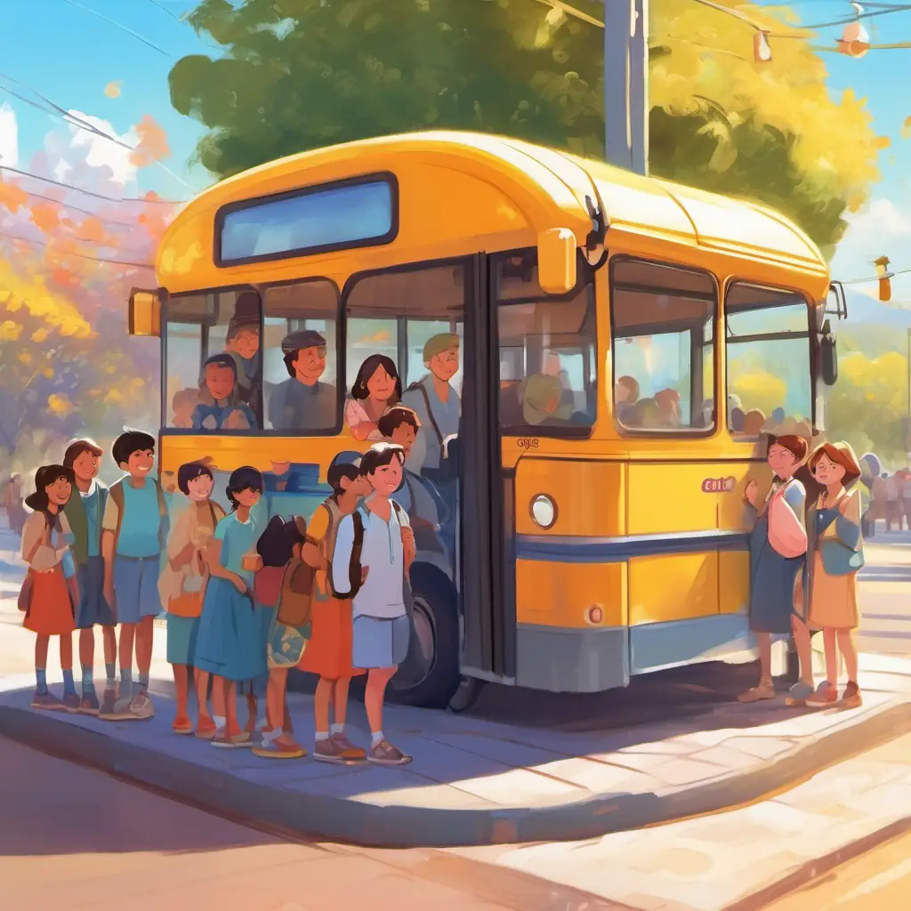 Bus stop, Diverse bunch of friends, with bright smiles and sparkly eyes waiting, sunny afternoon