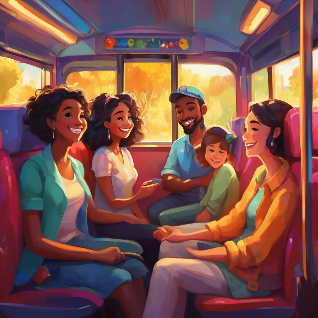 On the bus, Diverse bunch of friends, with bright smiles and sparkly eyes sitting together, colorful seats and sparkling windows