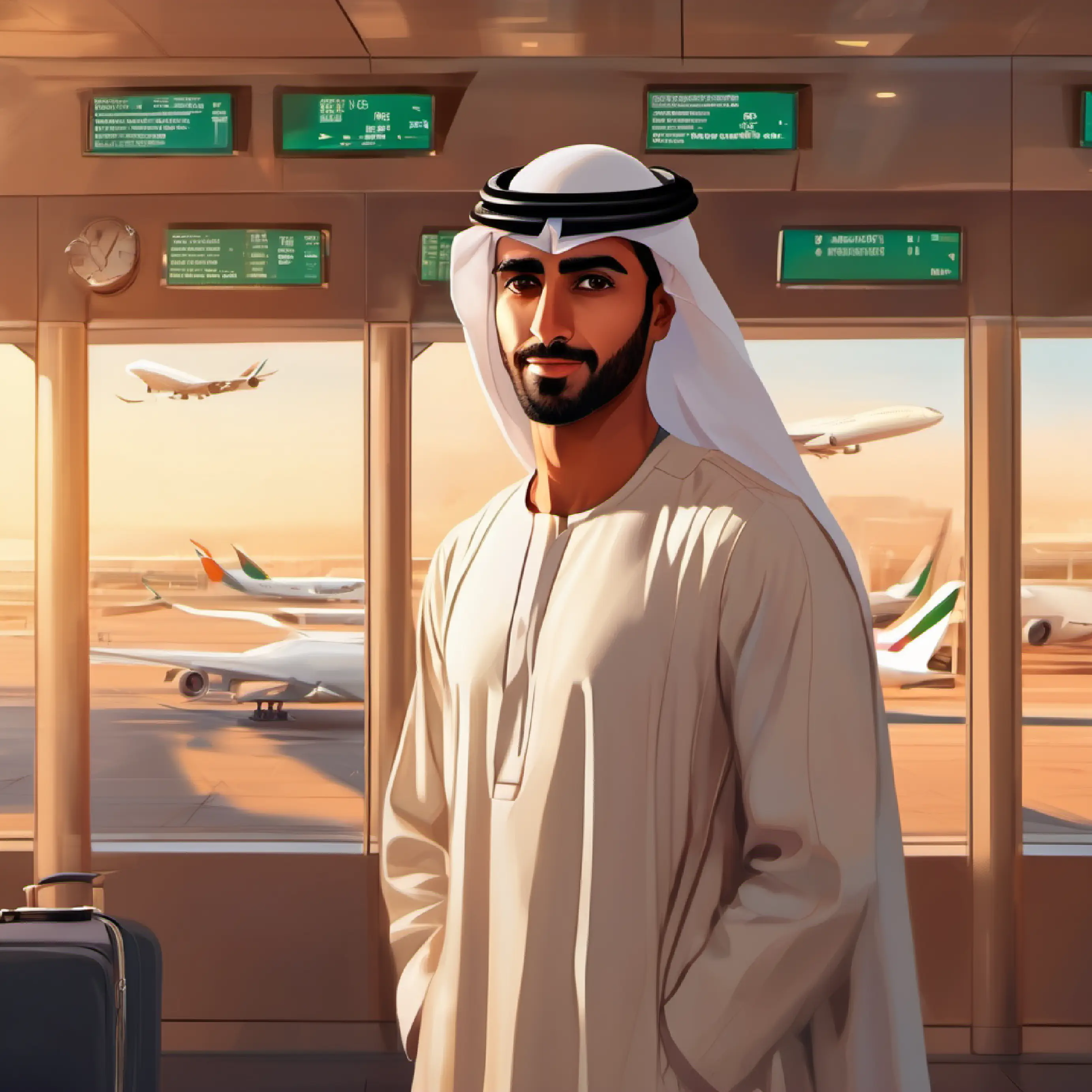 Young Emirati man, bronze skin, earnest dark eyes, with a scientific gaze at the airport, ready to return to the UAE.