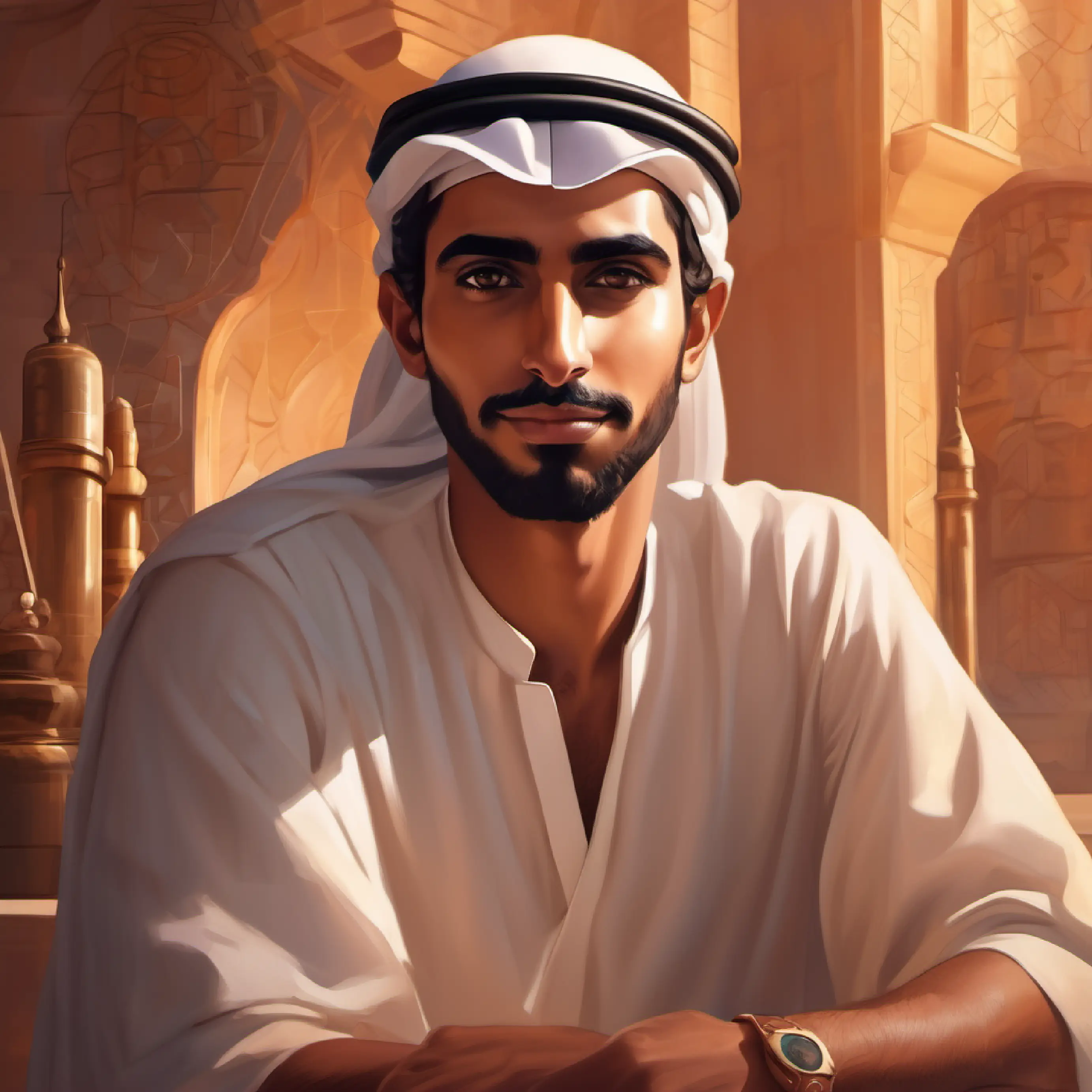 Young Emirati man, bronze skin, earnest dark eyes, with a scientific gaze's achievements offer inspiration to others.