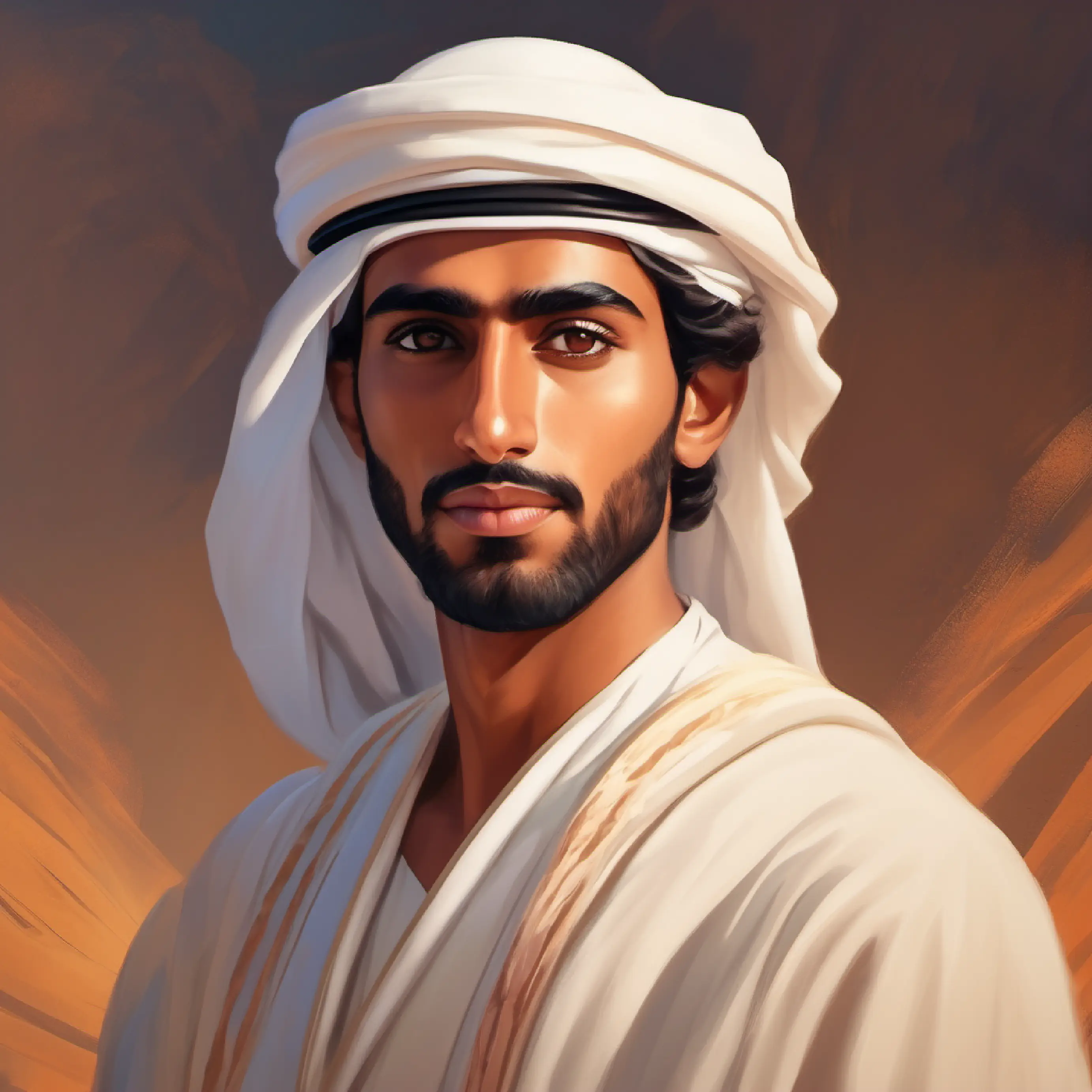 Young Emirati man, bronze skin, earnest dark eyes, with a scientific gaze reflects on his journey and the fused wisdom of science and heart.