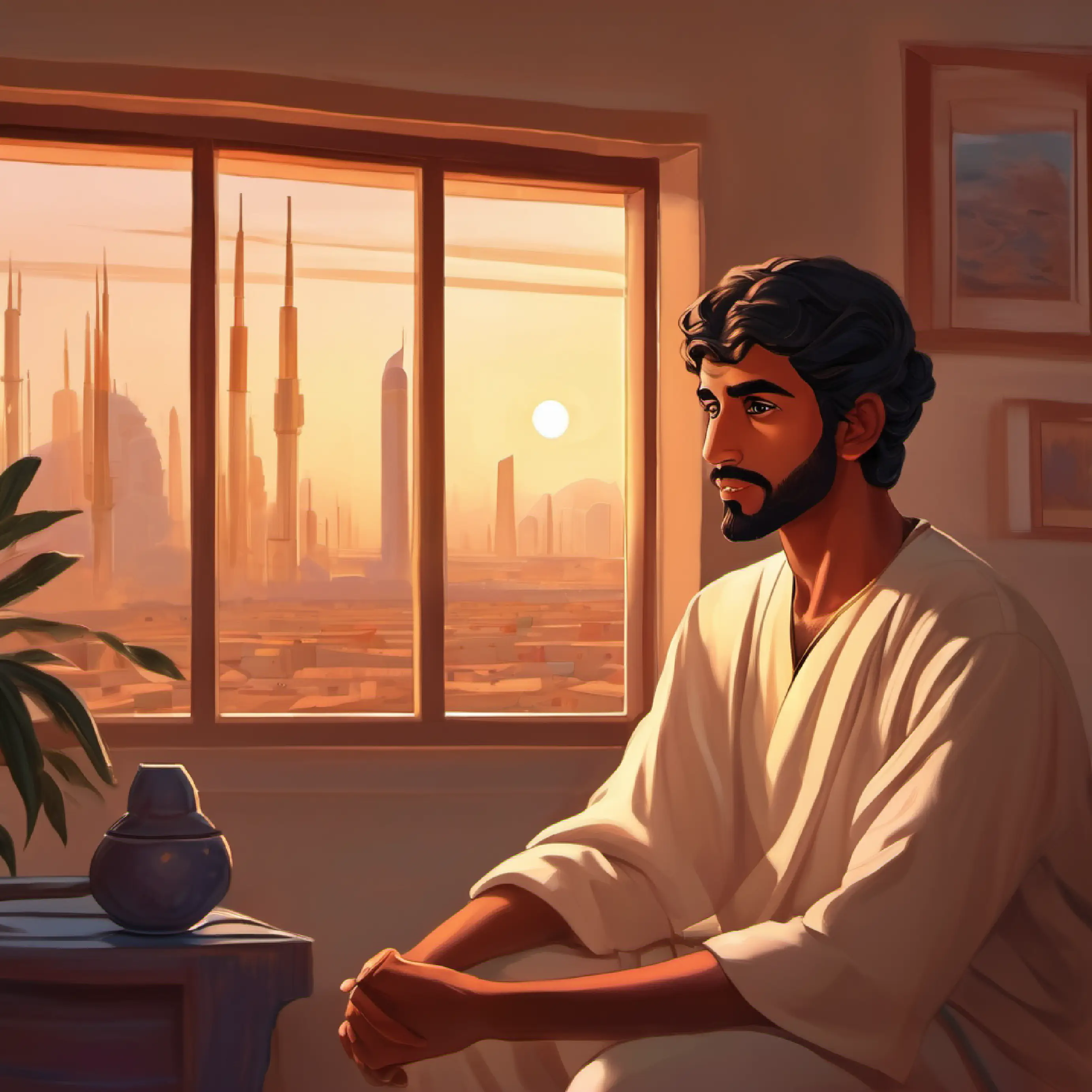 Young Emirati man, bronze skin, earnest dark eyes, with a scientific gaze contemplating solutions for clean energy in his room.
