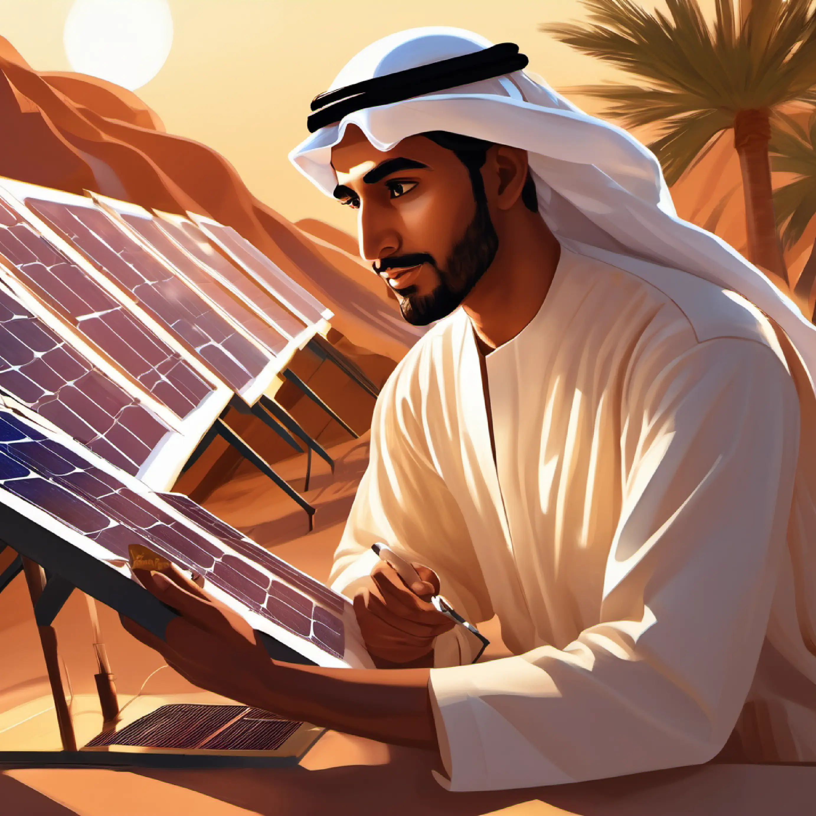 Young Emirati man, bronze skin, earnest dark eyes, with a scientific gaze working on a plan for harnessing solar energy.