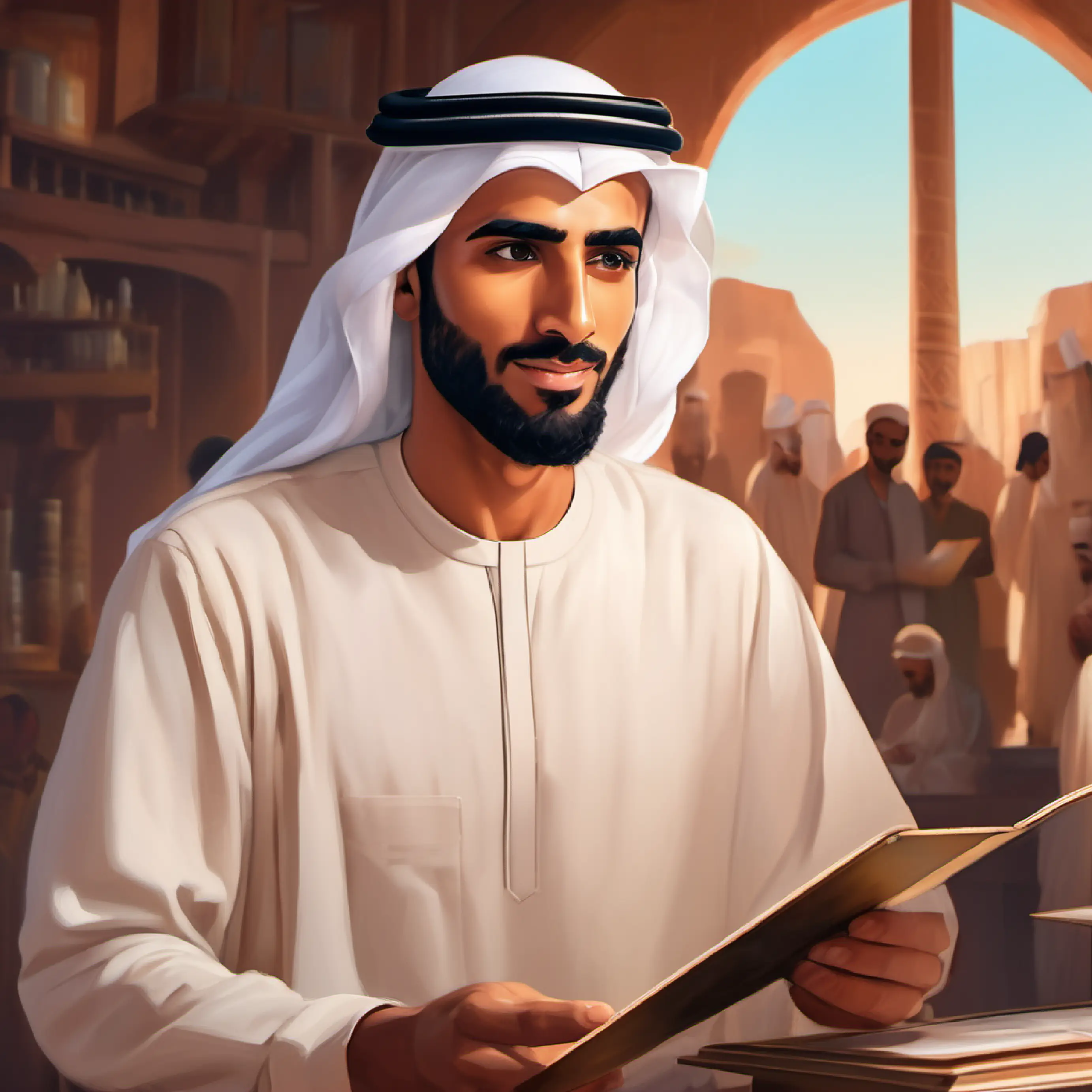 Young Emirati man, bronze skin, earnest dark eyes, with a scientific gaze presenting his project, catching local leaders' attention.