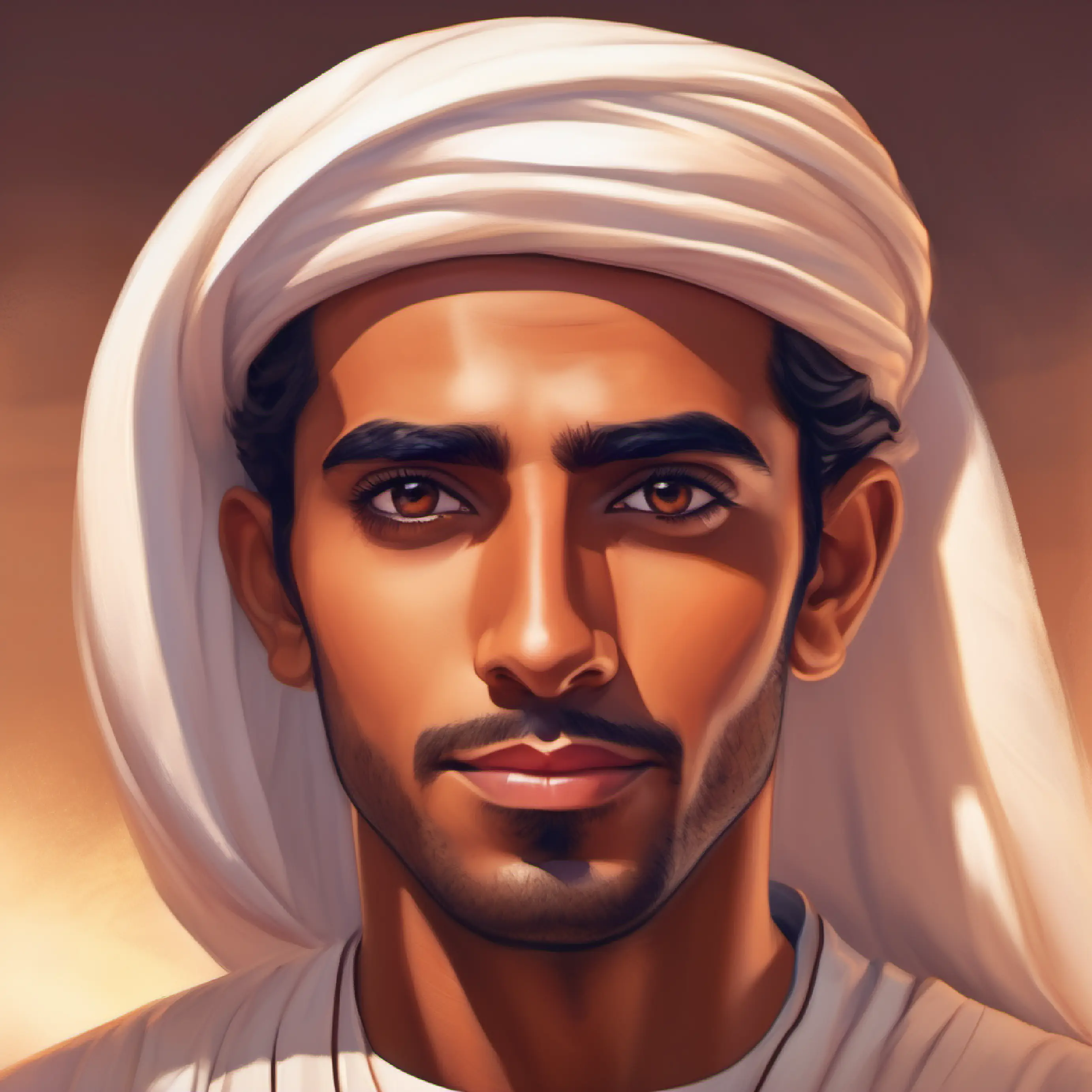 Young Emirati man, bronze skin, earnest dark eyes, with a scientific gaze facing various challenges in his project.