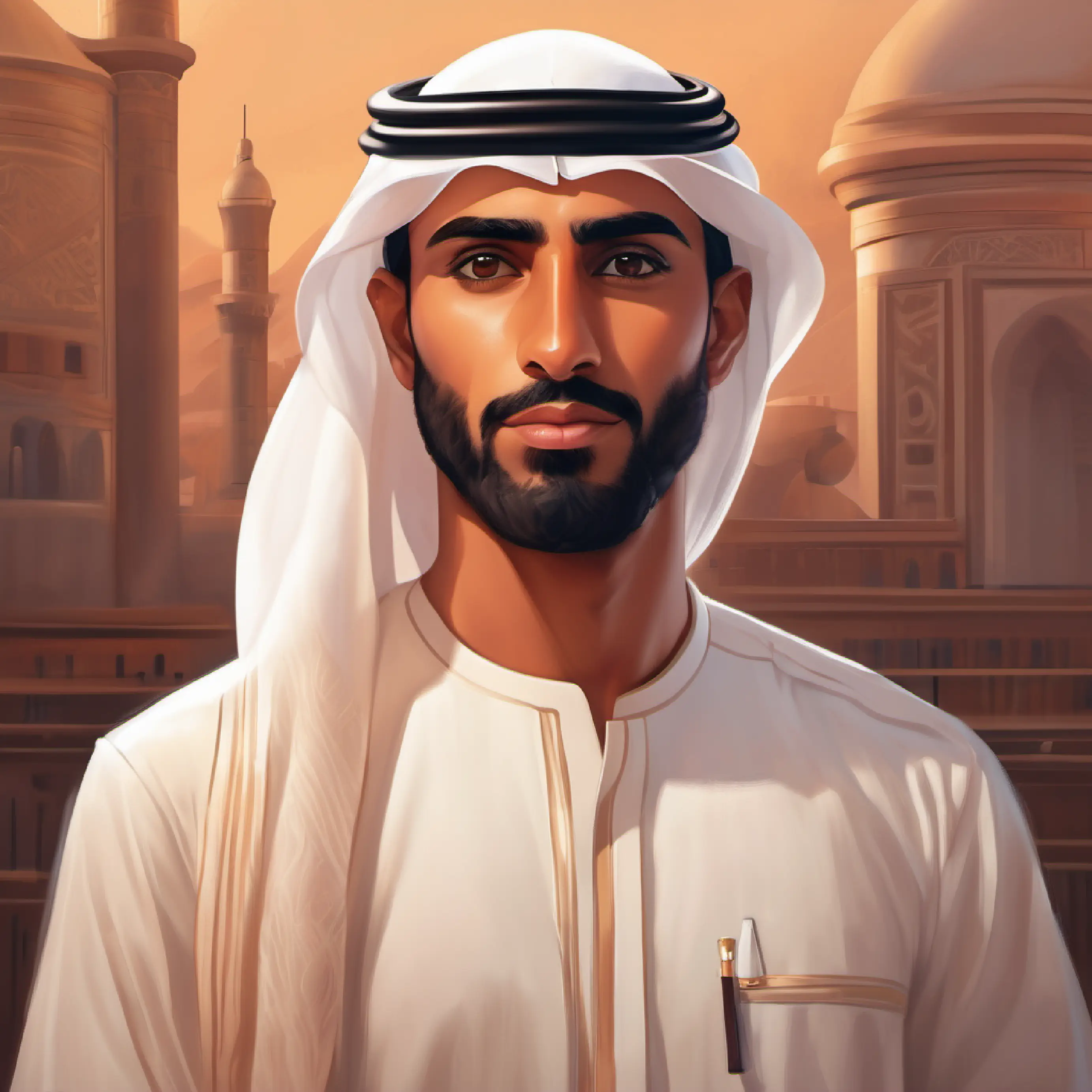 Young Emirati man, bronze skin, earnest dark eyes, with a scientific gaze experiencing setbacks, yet finding solutions.