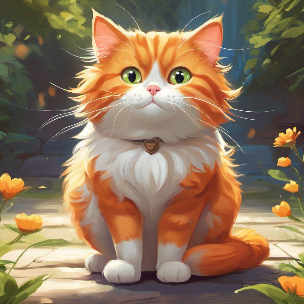 A mischievous orange cat with a white belly, an adventurous and curious cat with a whimsical personality