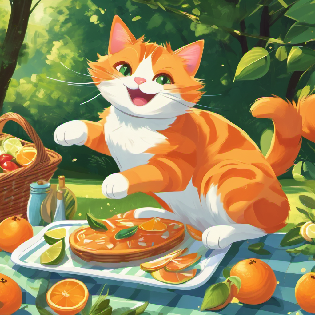 A mischievous orange cat with a white belly, a playful cat, jumping happily amidst a lush picnic spread