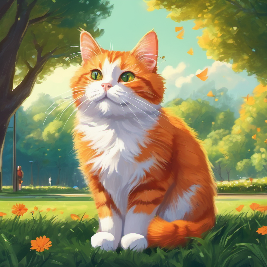 A mischievous orange cat with a white belly, a cat surrounded by a beautiful park, having a thought bubble with a rocket