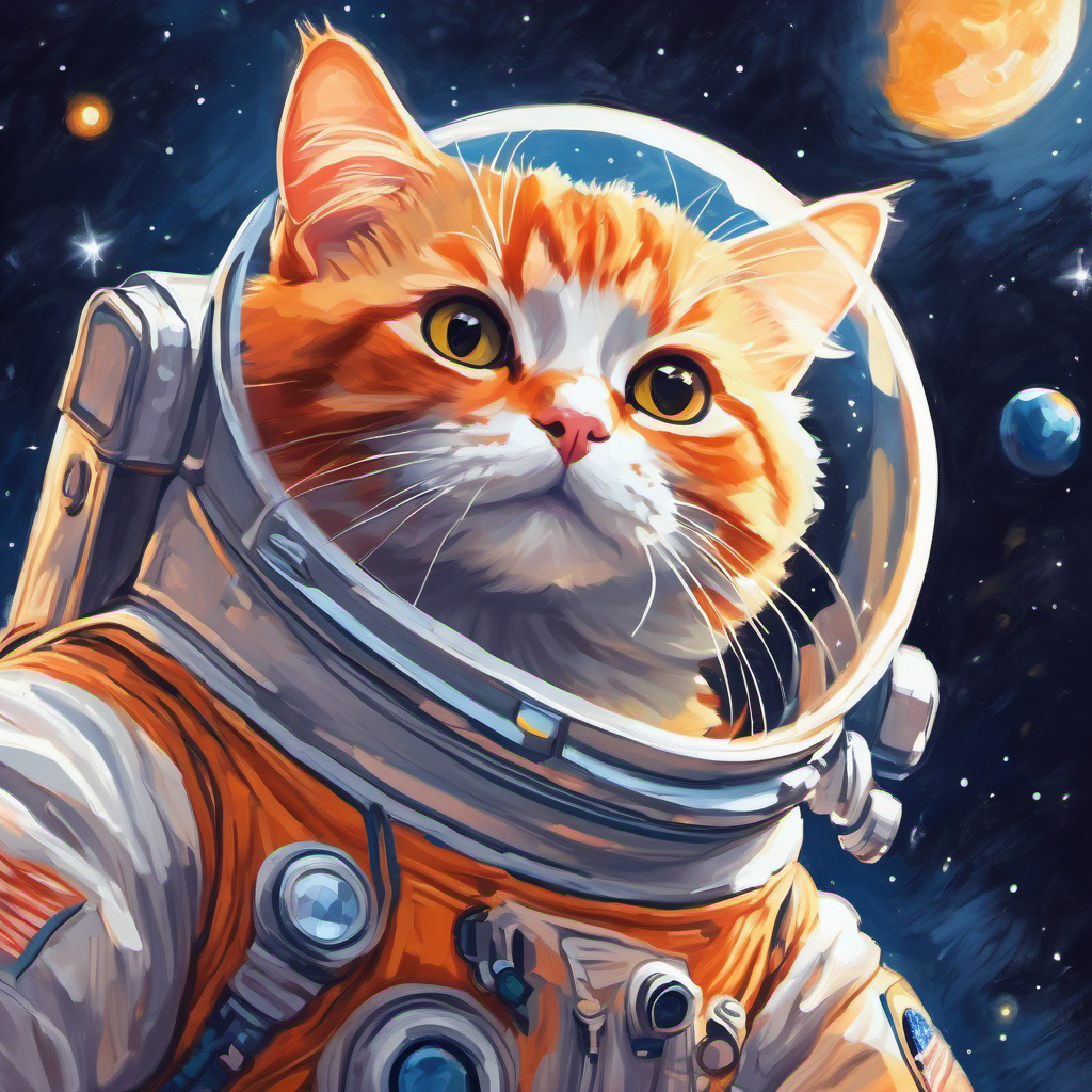 A mischievous orange cat with a white belly, wearing an astronaut suit, gazing at the stars