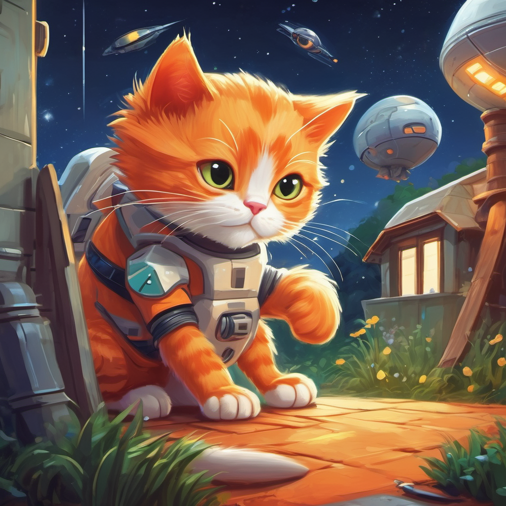 A mischievous orange cat with a white belly, determined and focused, building a spaceship in her backyard