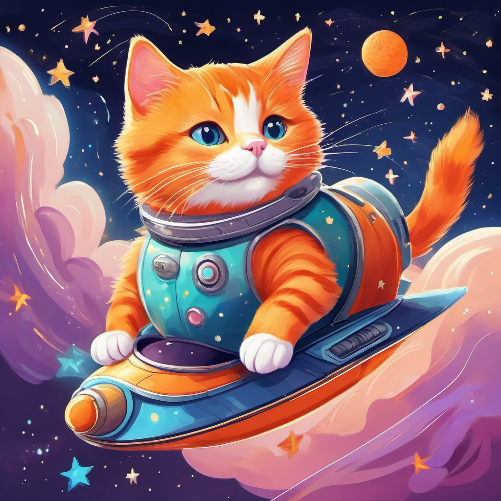 A mischievous orange cat with a white belly, riding a spaceship amidst colorful stars and leaving a trail