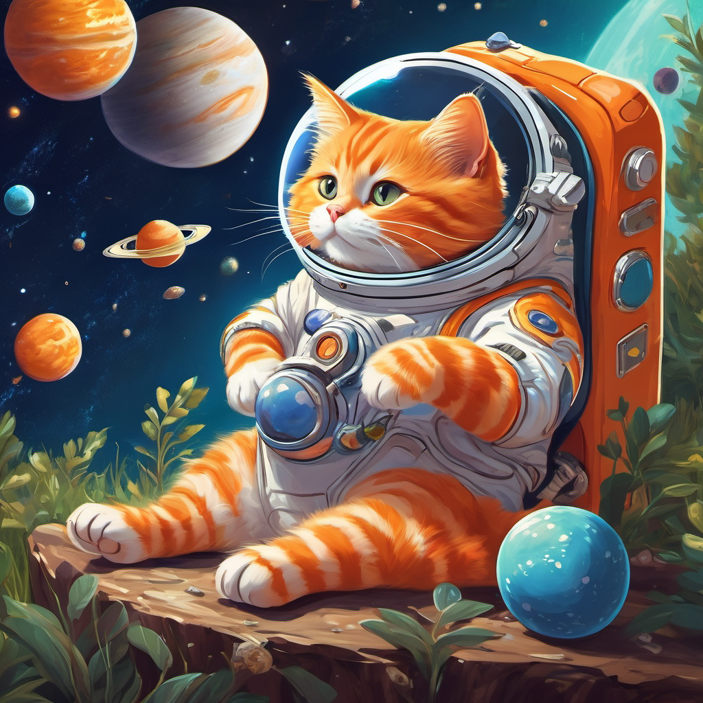A mischievous orange cat with a white belly, floating in a spacesuit, surrounded by planets, snacking during a picnic