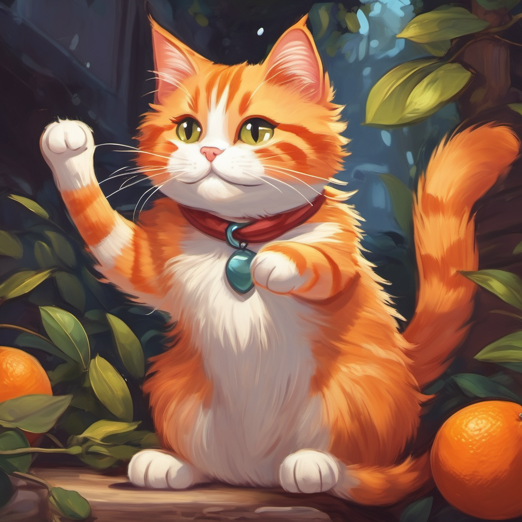 A mischievous orange cat with a white belly, with a smiling face, sharing her story with other cats