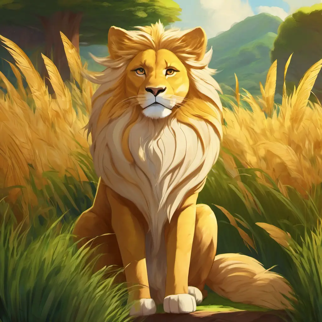 Introducing Golden fur, fierce eyes, regal mane, and stoic stance on her grass throne, Savanna setting.